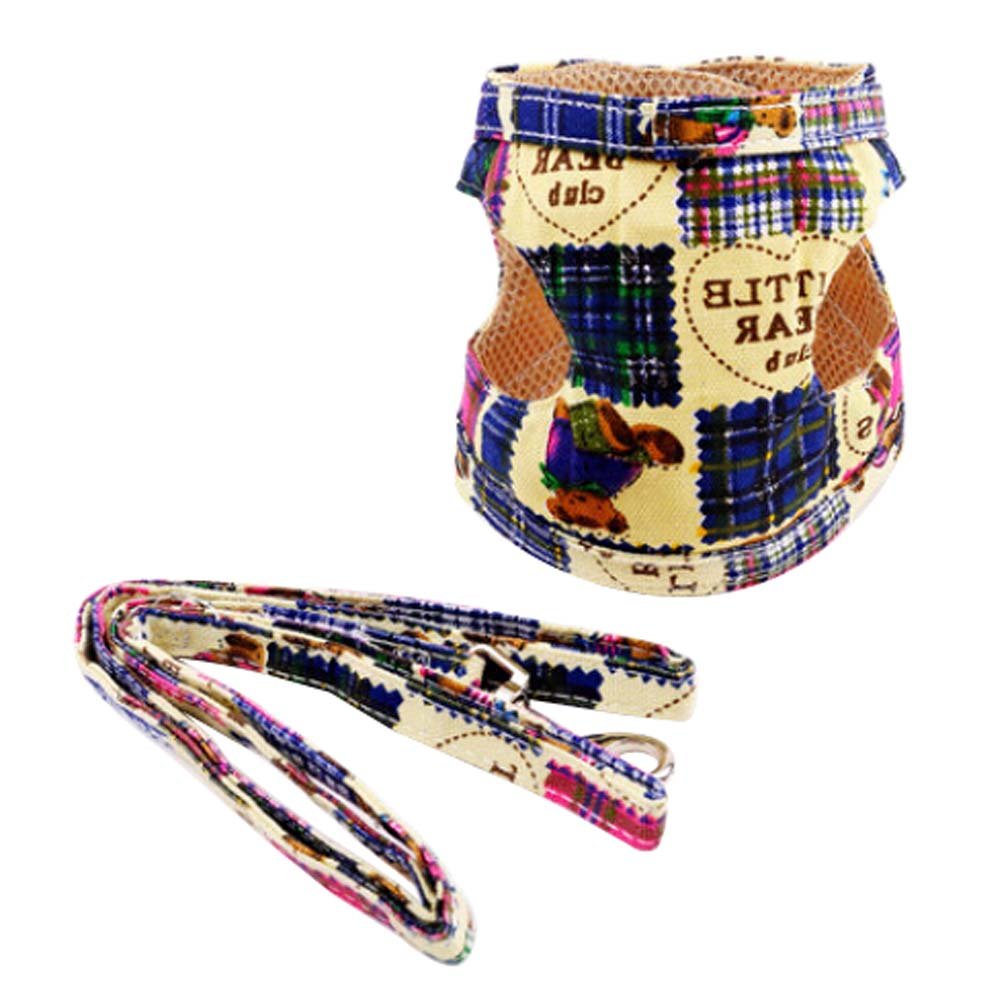 Vest Style Blue Bear Pattern Dogs Harness Supplies Pets Leash Collar, L Size