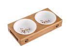 Natural Bamboo Box Ceramics Double Bowls Pet Bowls Cat Bowls