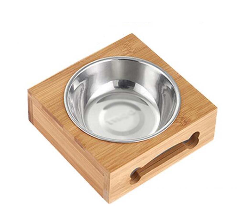 Natural Bamboo Box Stainless Steel Single Bowls Pet Bowls Cat Bowls