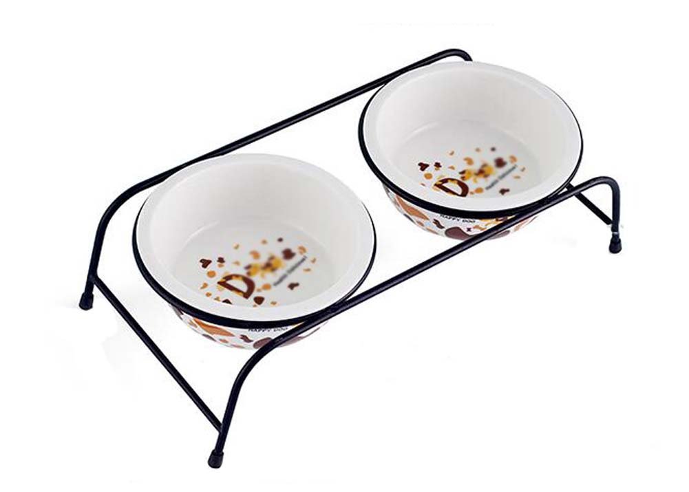 Simple Style Iron Frame Ceramics Double Bowls Pet Bowls Dong Bowls