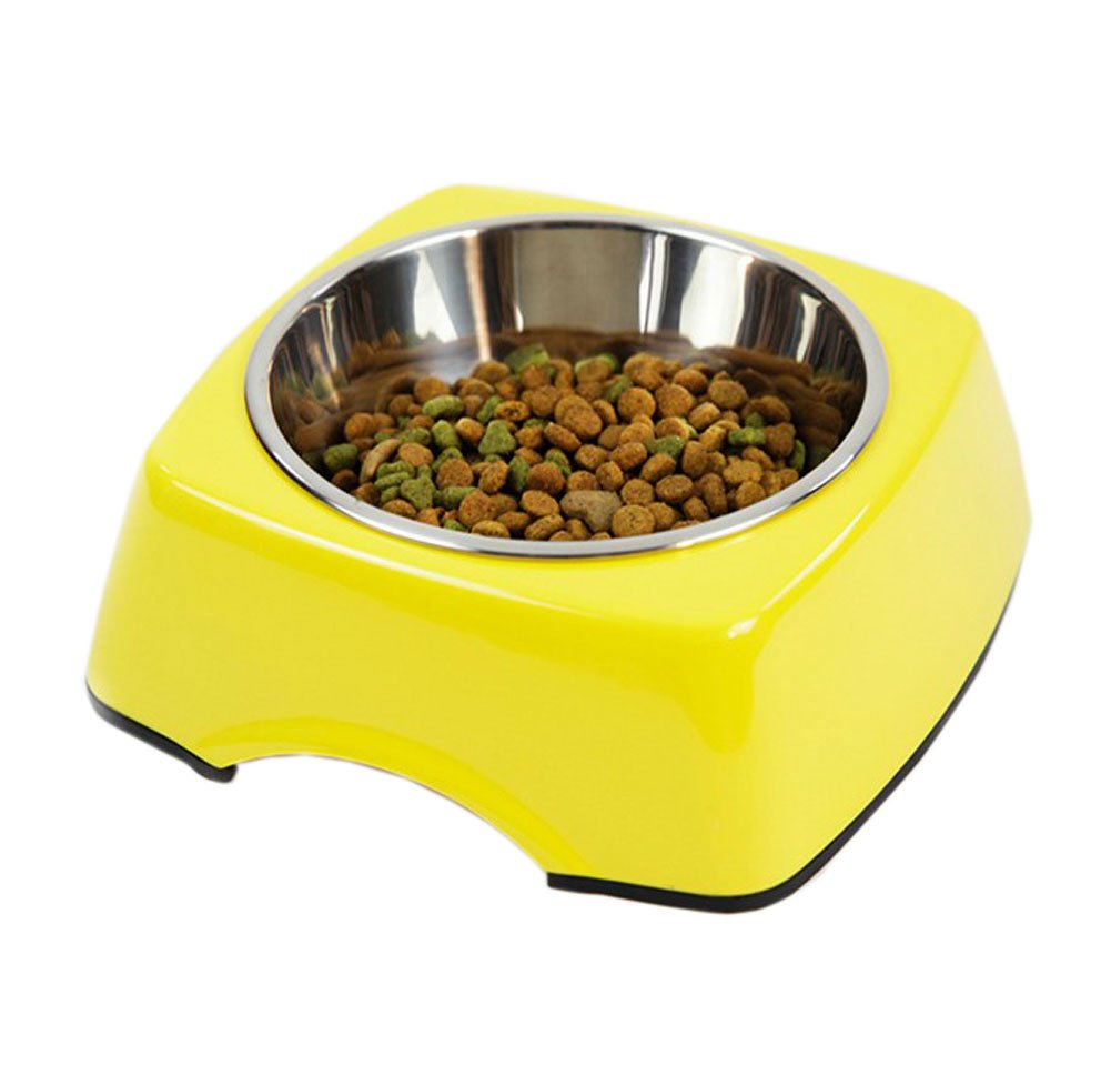 Pet Bowl Dogs/Cats Bowl with Stainless Steel Eating Surface Yellow, Medium