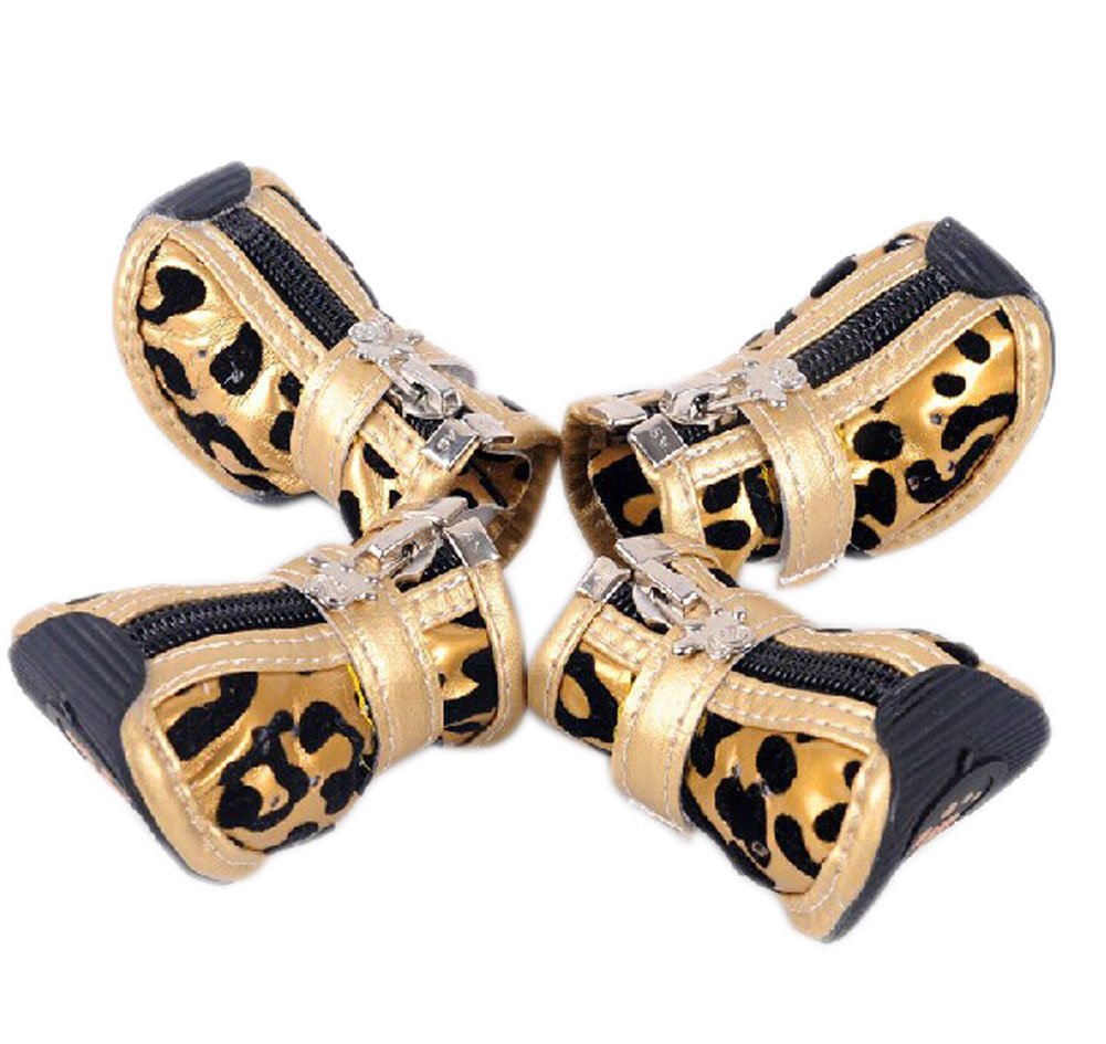 PU Non-slip Zipper Dog Boot Pet Casual Shoes, Gold Leopard Print