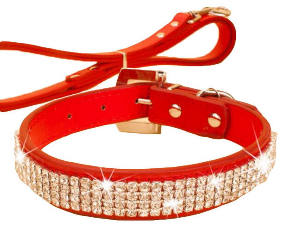 Rhinestone Pet Collars - Dog Leashes - Pet Supplies -- Red Rhinestone 1
