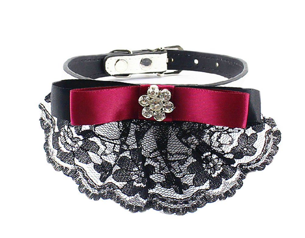 Lace Trimming Bownot Decorated Adjustable Collar Wine Red(Fit 27~31cm neck)
