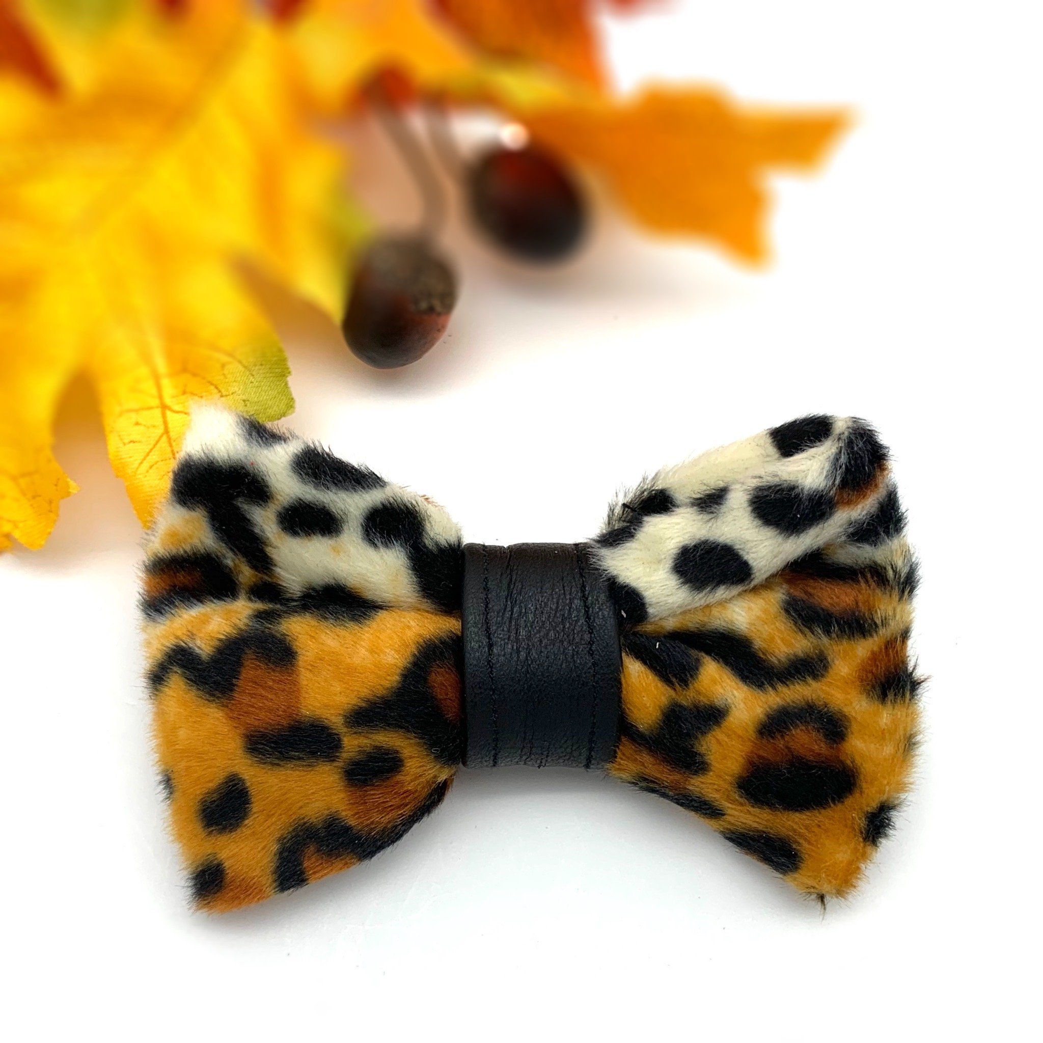 Snow leopard animal print with leather bow tie