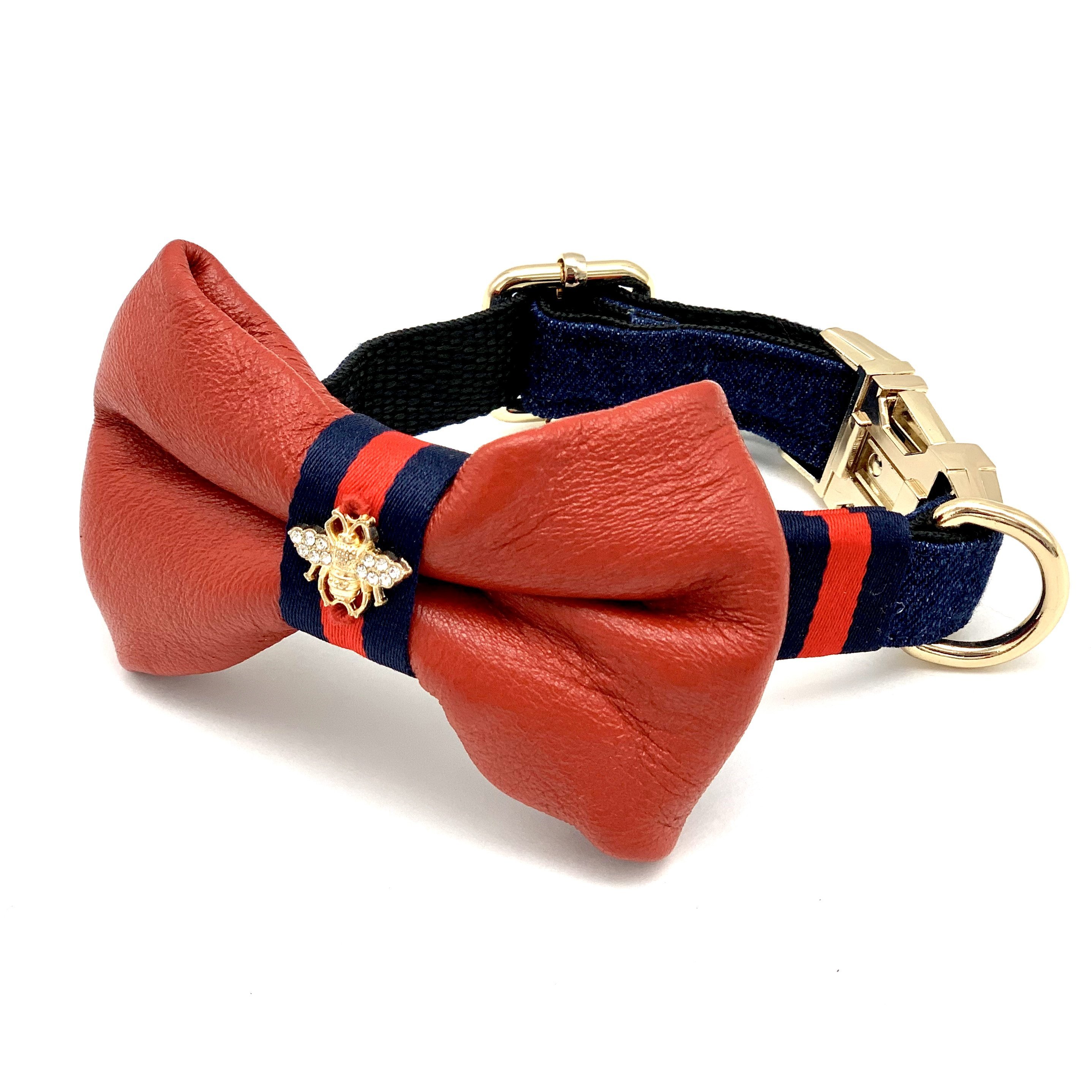 Red leather & navy denim designer dog collar & bow tie
