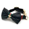 Red leather & navy denim designer dog collar & bow tie