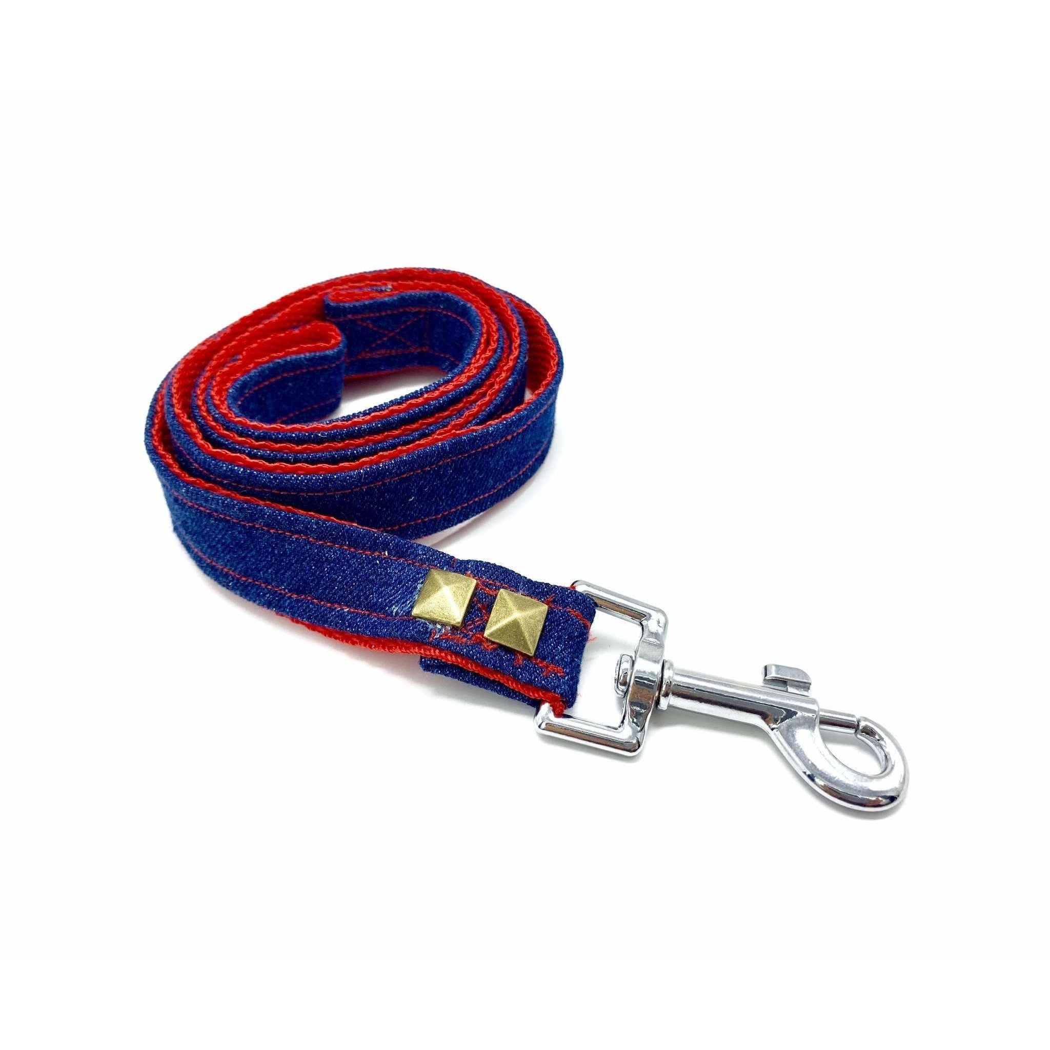 Frayed denim & red dog leash with bronze studs