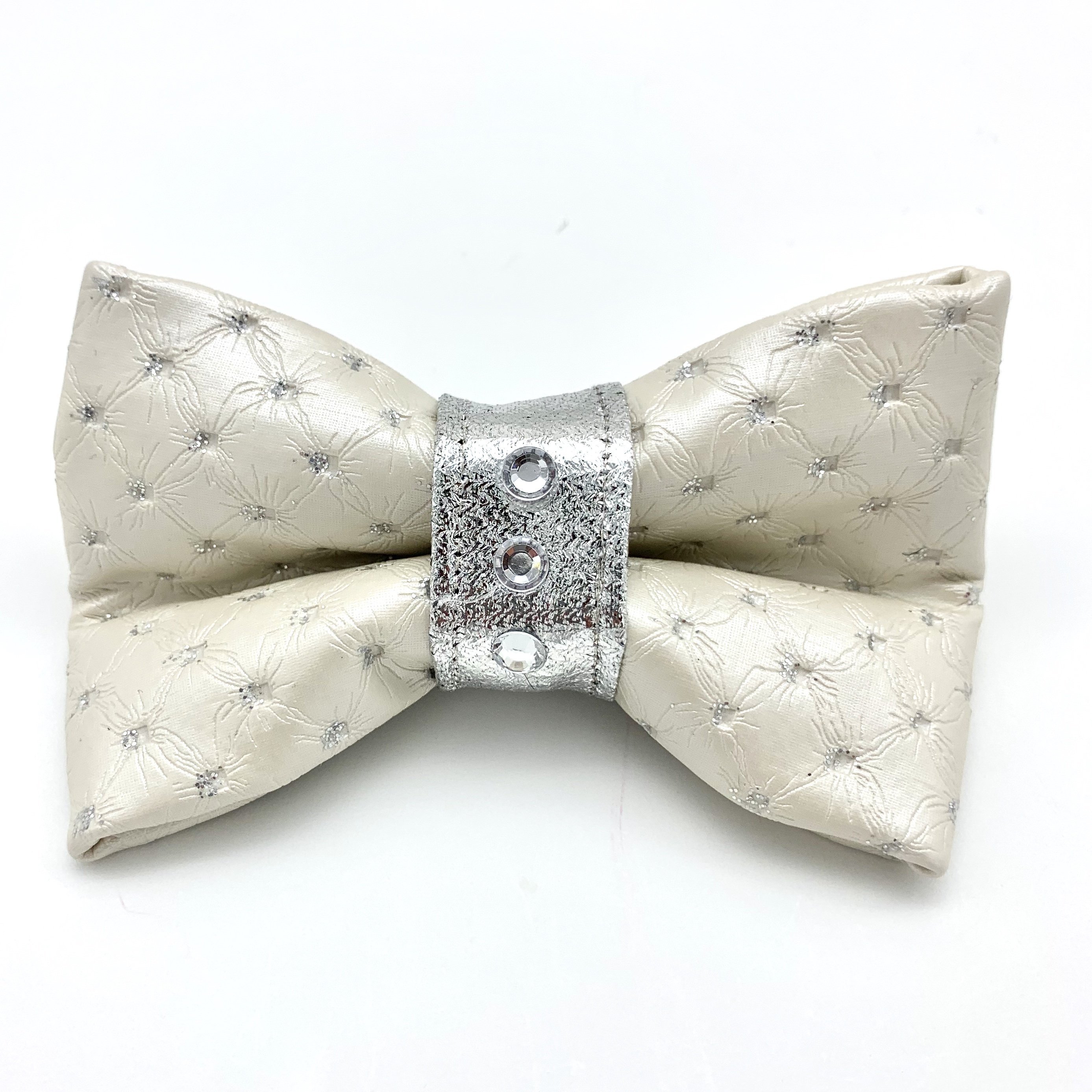 White & silver glitter leather dog bow tie with Swarovski crystals