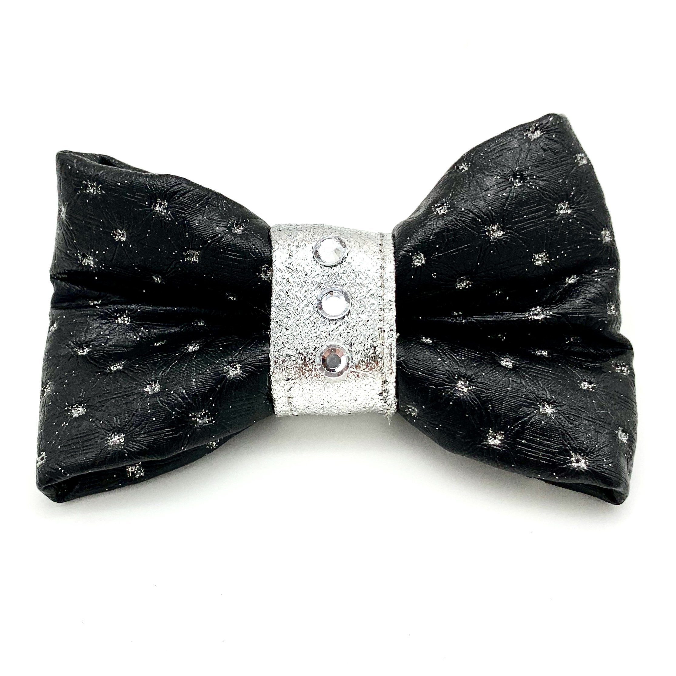 Shiny Black & silver glitter leather dog bow tie with Swarovski crystals