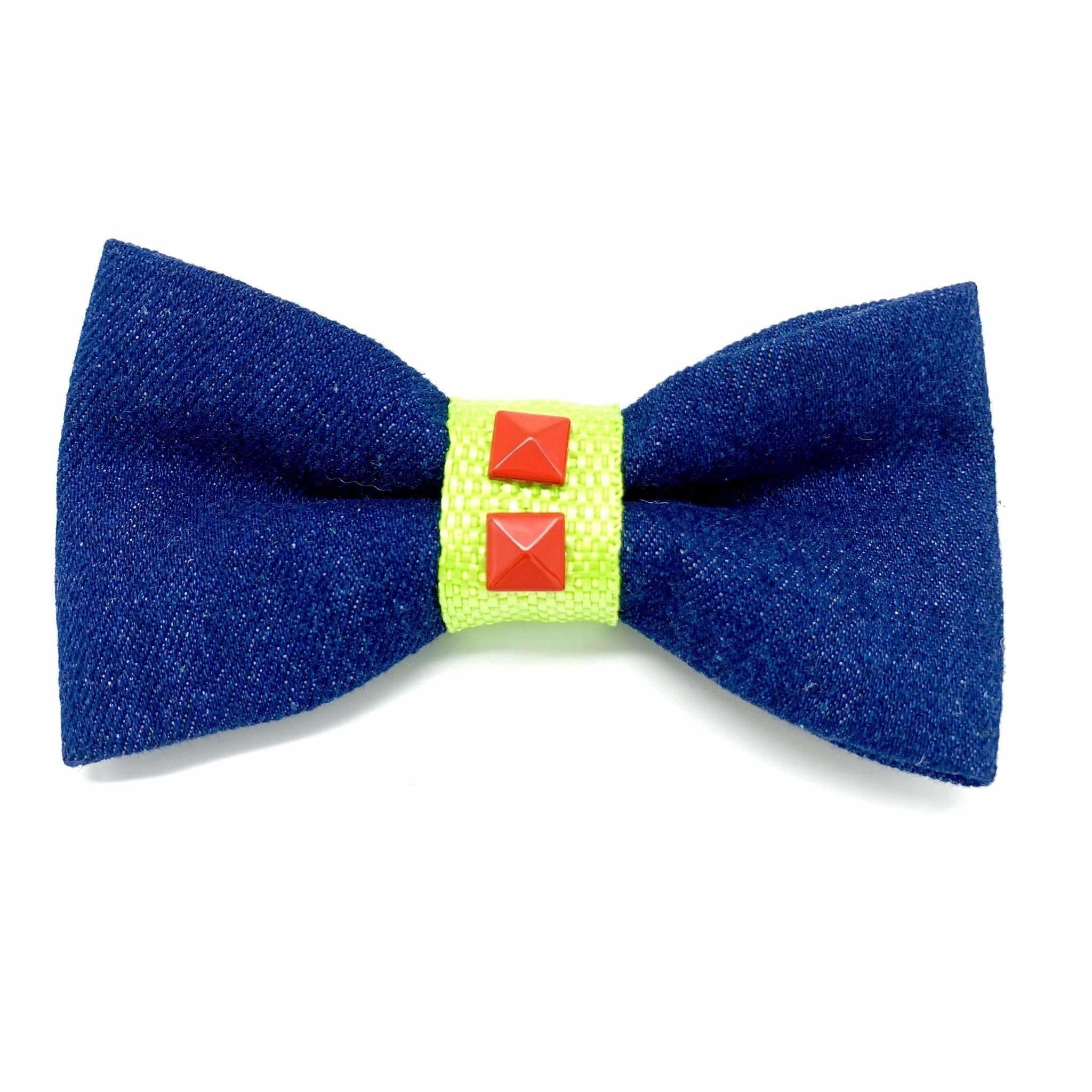 Navy denim & Neon dog bow tie with red studs