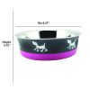 Stainless Steel Pet Bowl with Anti Skid Rubber Base and Dog Design, Large, Gray and Pink