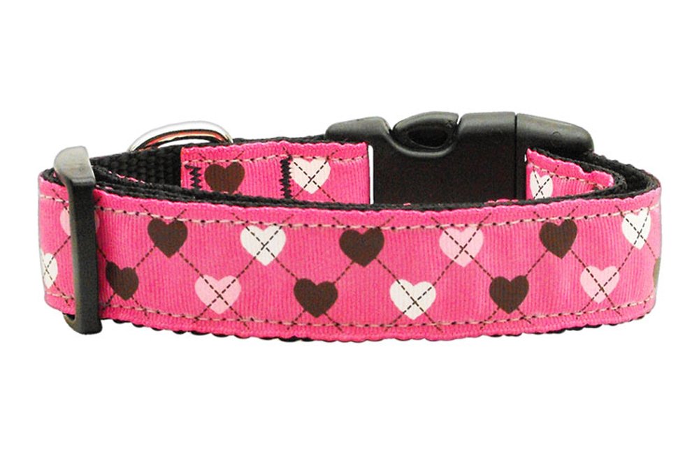 Argyle Hearts Nylon Ribbon Collar Bright Pink Large