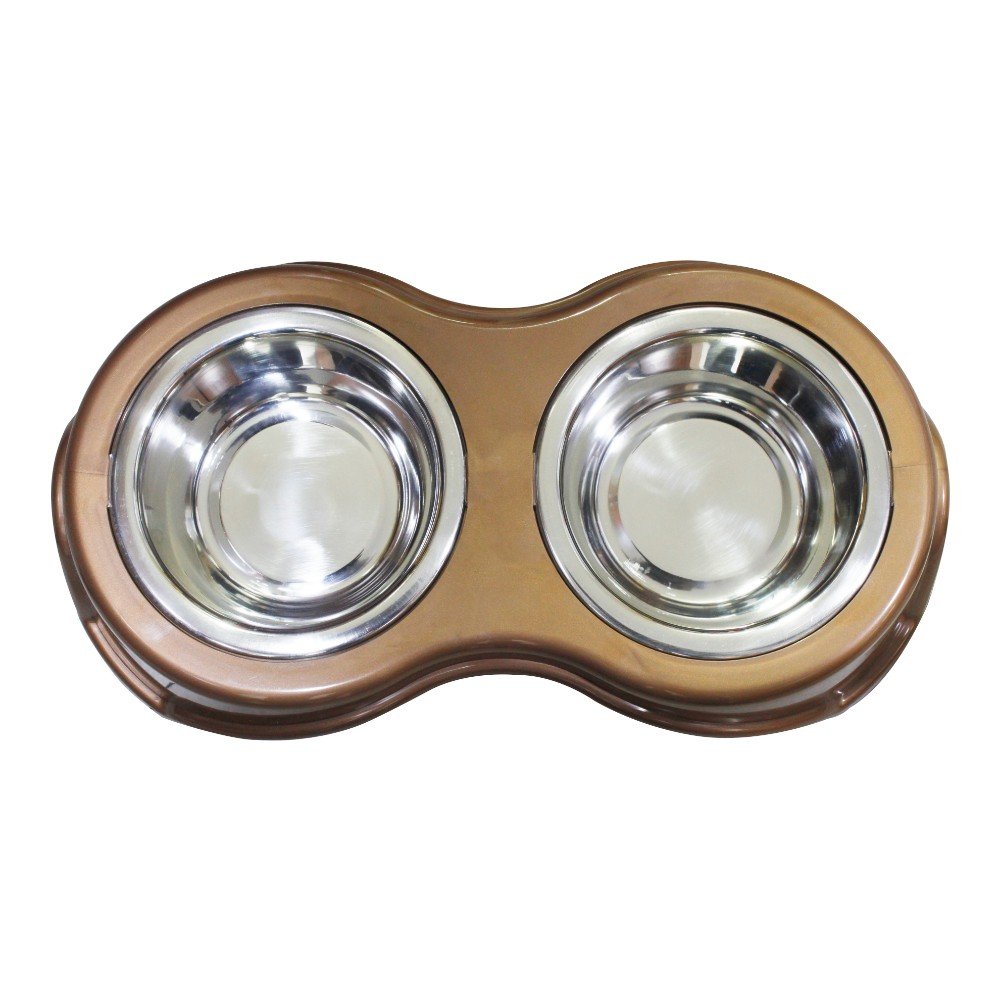 Plastic Framed Double Diner Pet Bowl in Stainless Steel, Large, Gold and Silver-Set of 6