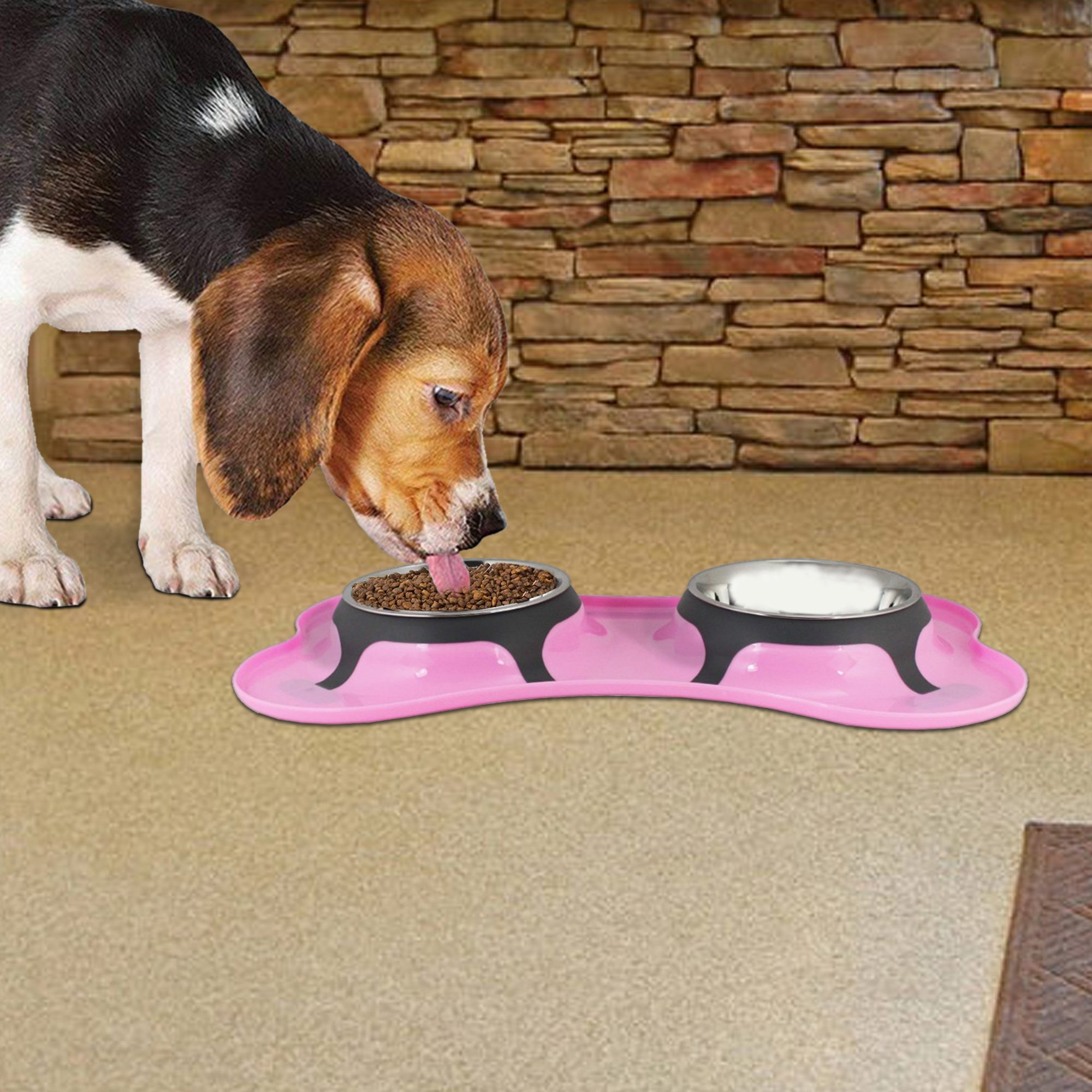 Plastic Pet Double Diner with Stainless Steel Bowls, Pink and Silver-Set of 4