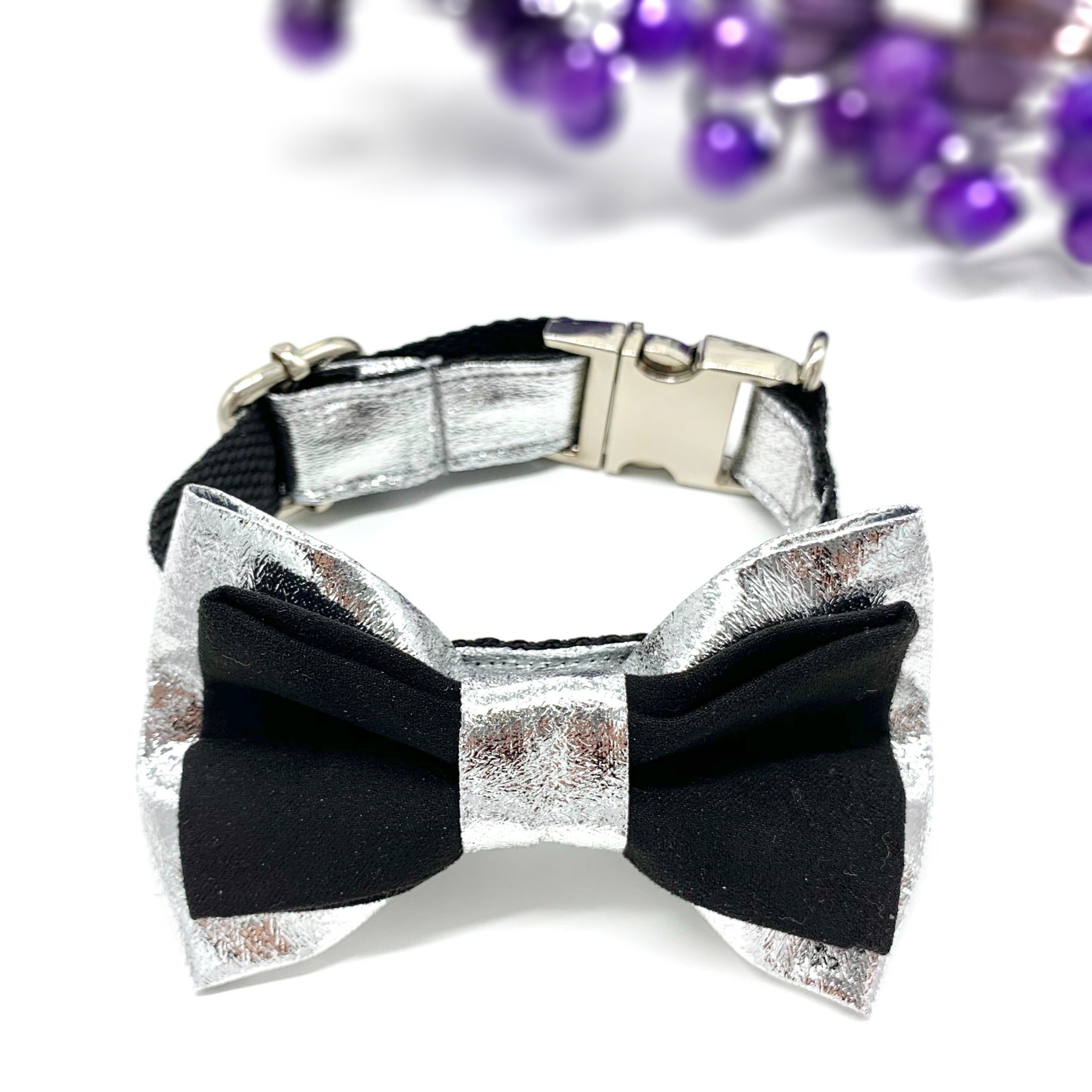 Suede and silver dog collar & bow tie set