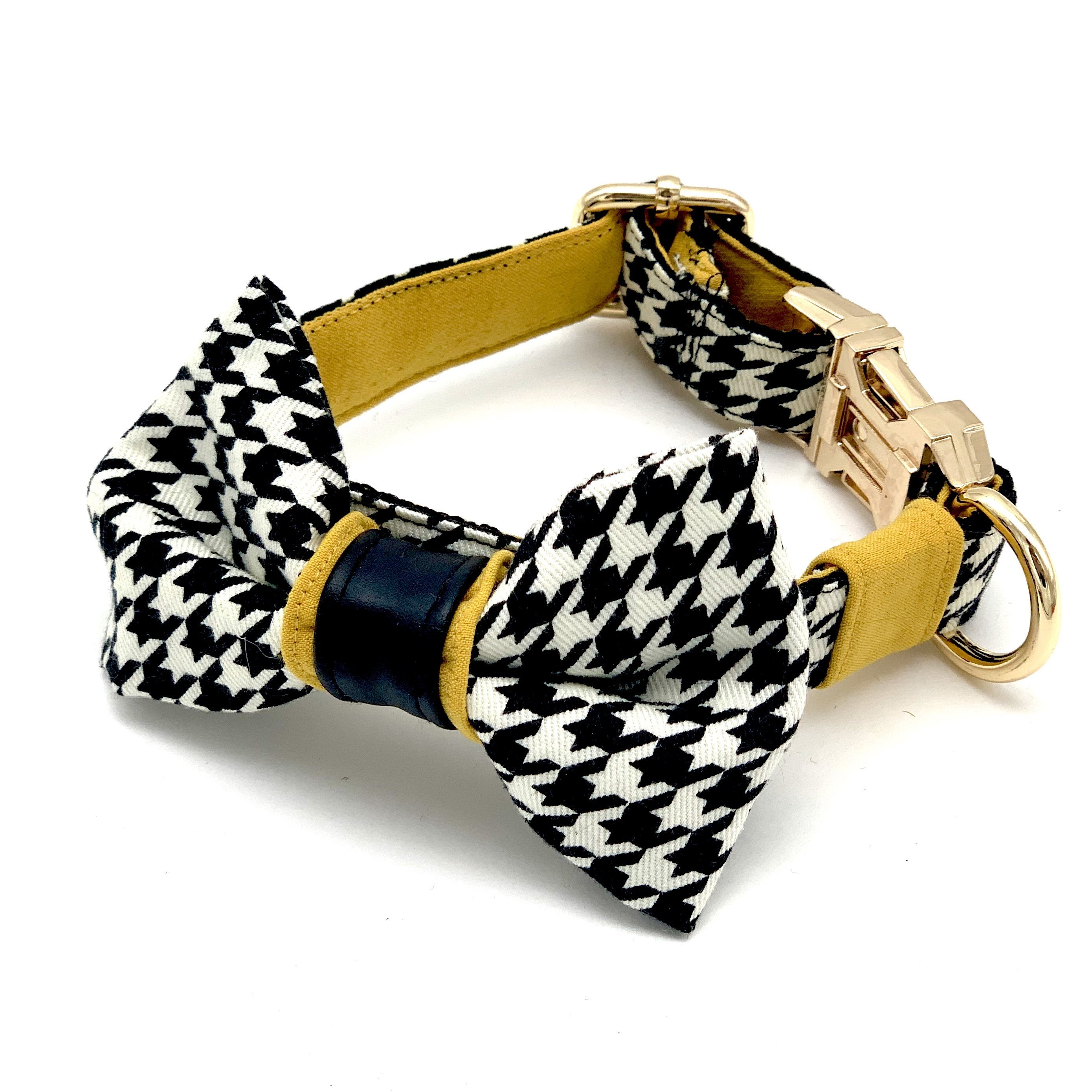 Houndstooth mustard leather accent collar & bow tie