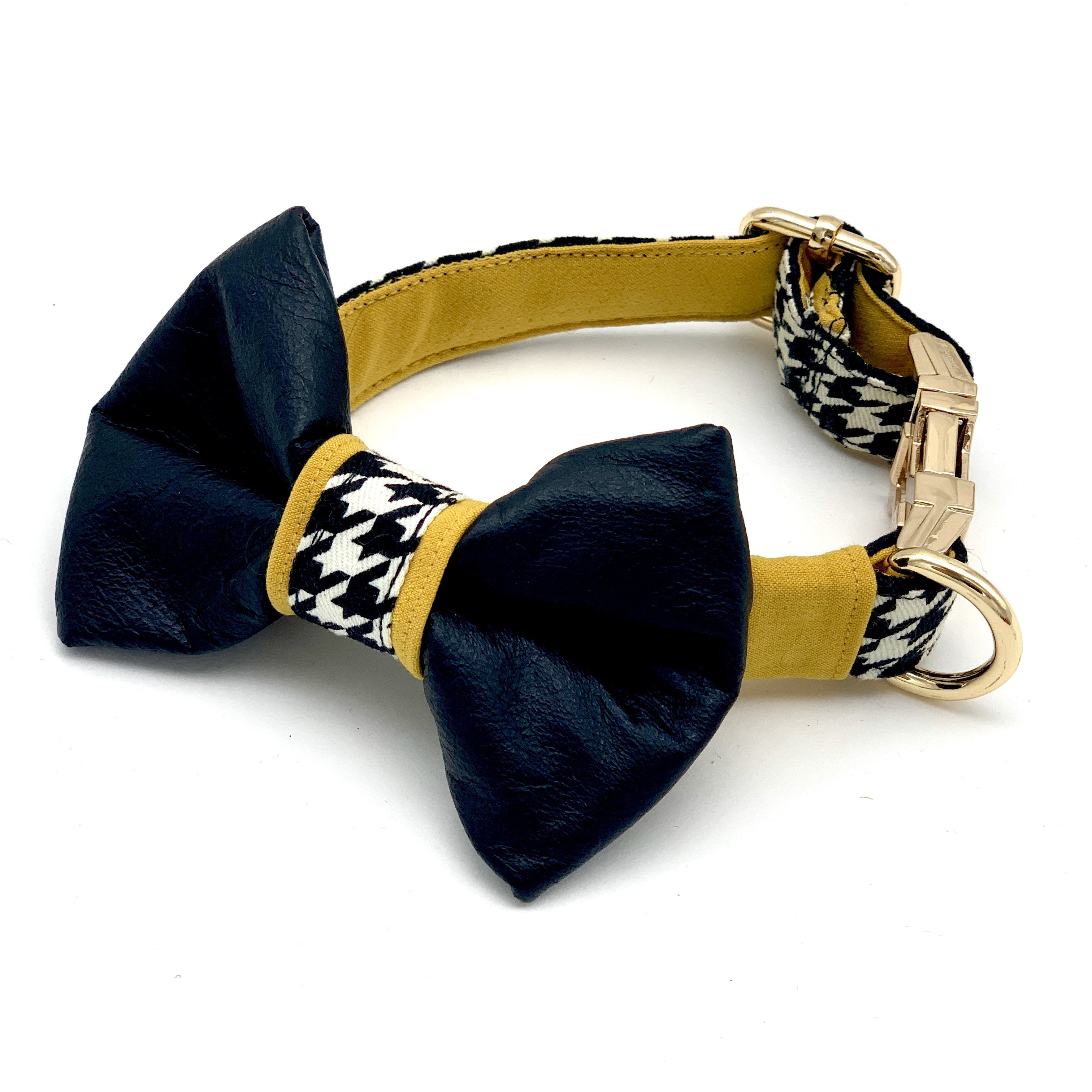 Leather mustard houndstooth collar & bow tie