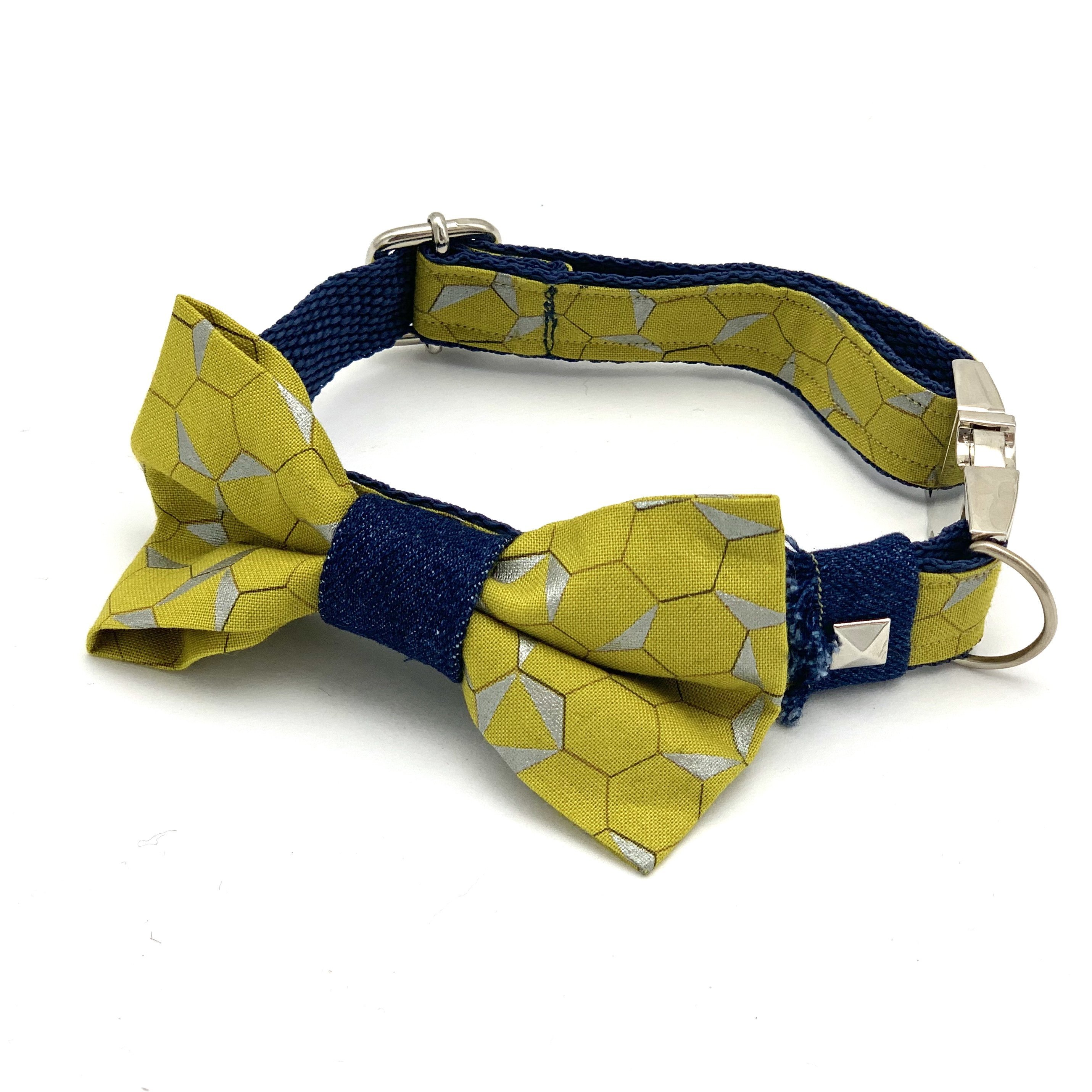 Mustard honeycomb denim dog collar & bow tie set