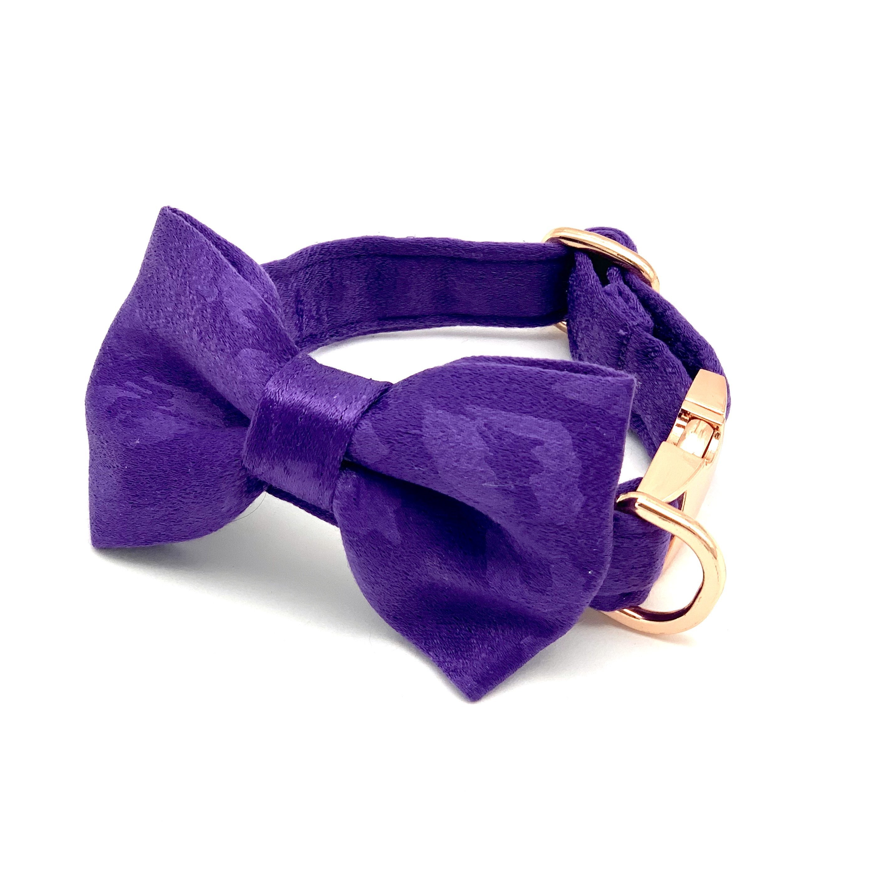 Purple satin leopard dog collar & bow tie
